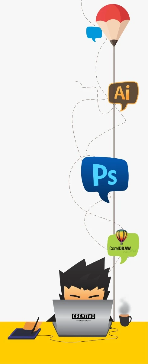 Ilustración del estudio: el personaje de Creativo Publicidad trabajando en su portátil con tableta gráfica, café y los íconos de Illustrator, Photoshop y CorelDRAW